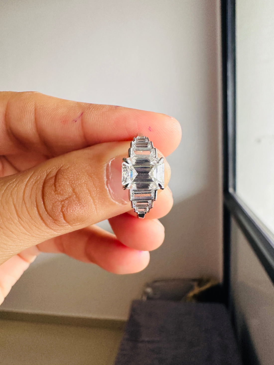 18K Gold Emerald Cut Moissanite Engagement Ring With Side Baguette Accents