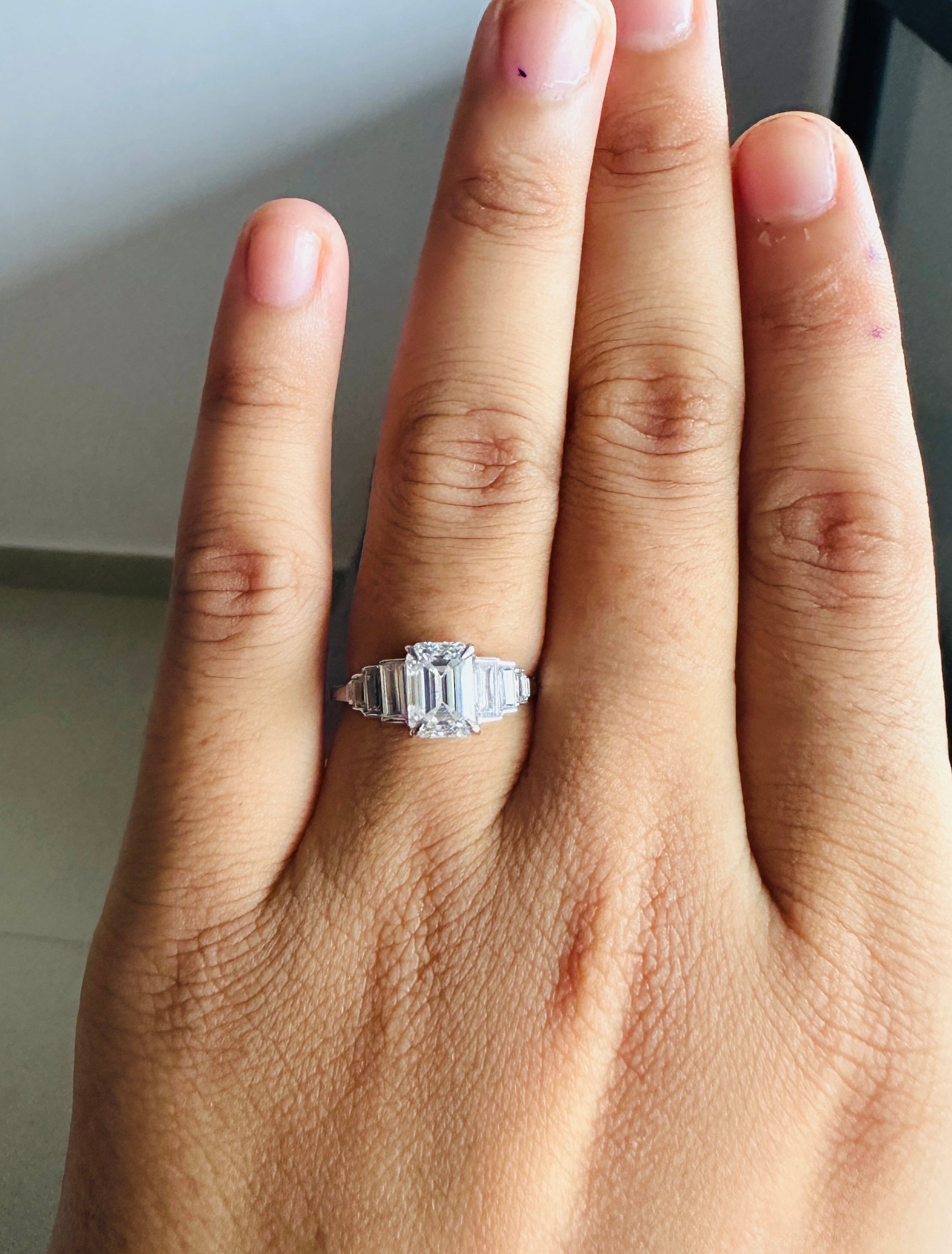 18K Gold Emerald Cut Moissanite Engagement Ring With Side Baguette Accents