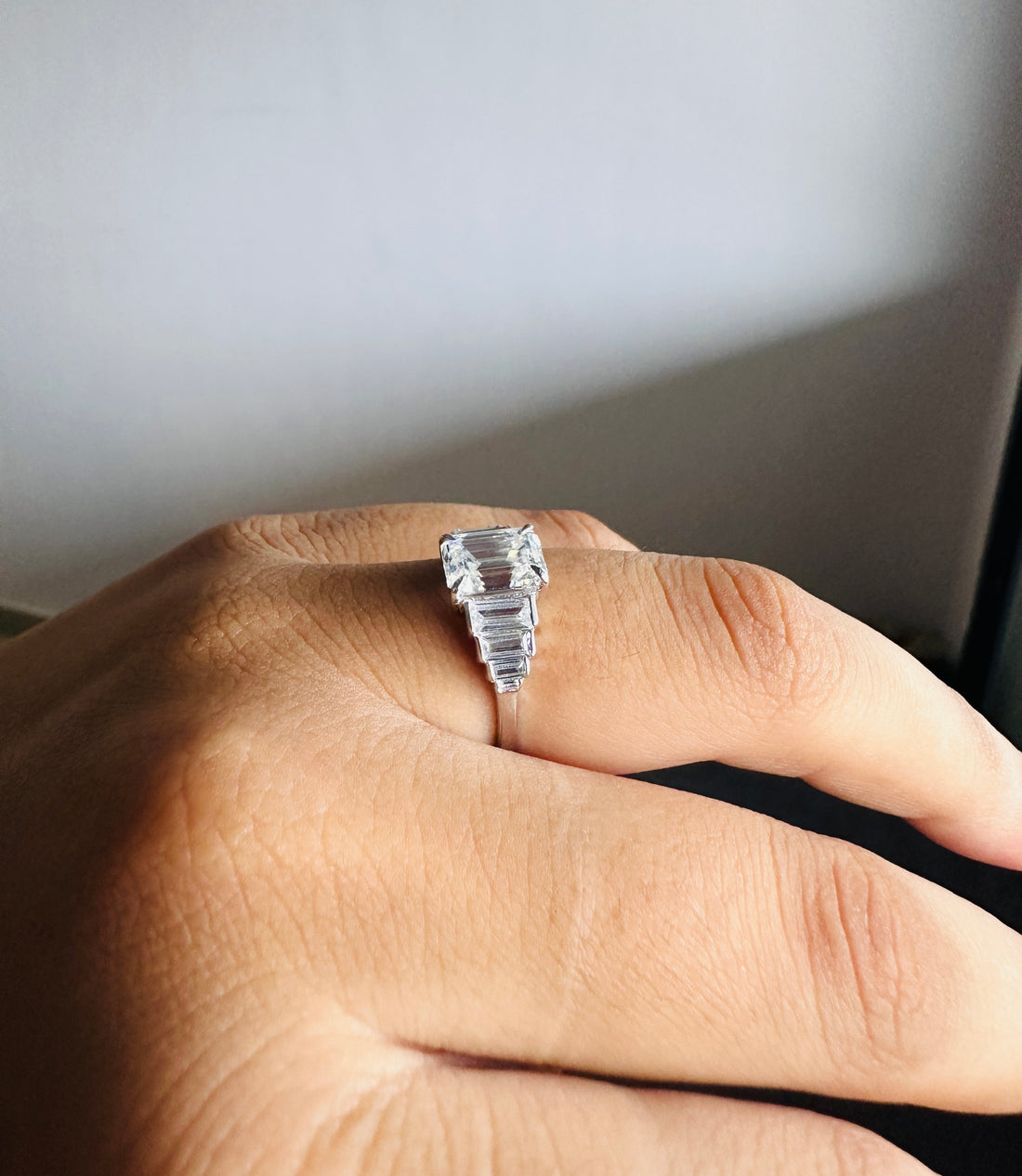 18K Gold Emerald Cut Moissanite Engagement Ring With Side Baguette Accents