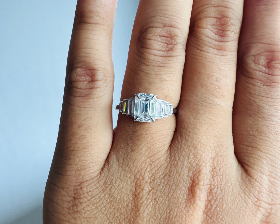 18K Gold Emerald Cut Moissanite Engagement Ring With Side Baguette Accents