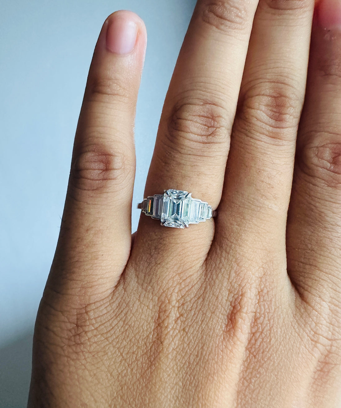 18K Gold Emerald Cut Moissanite Engagement Ring With Side Baguette Accents