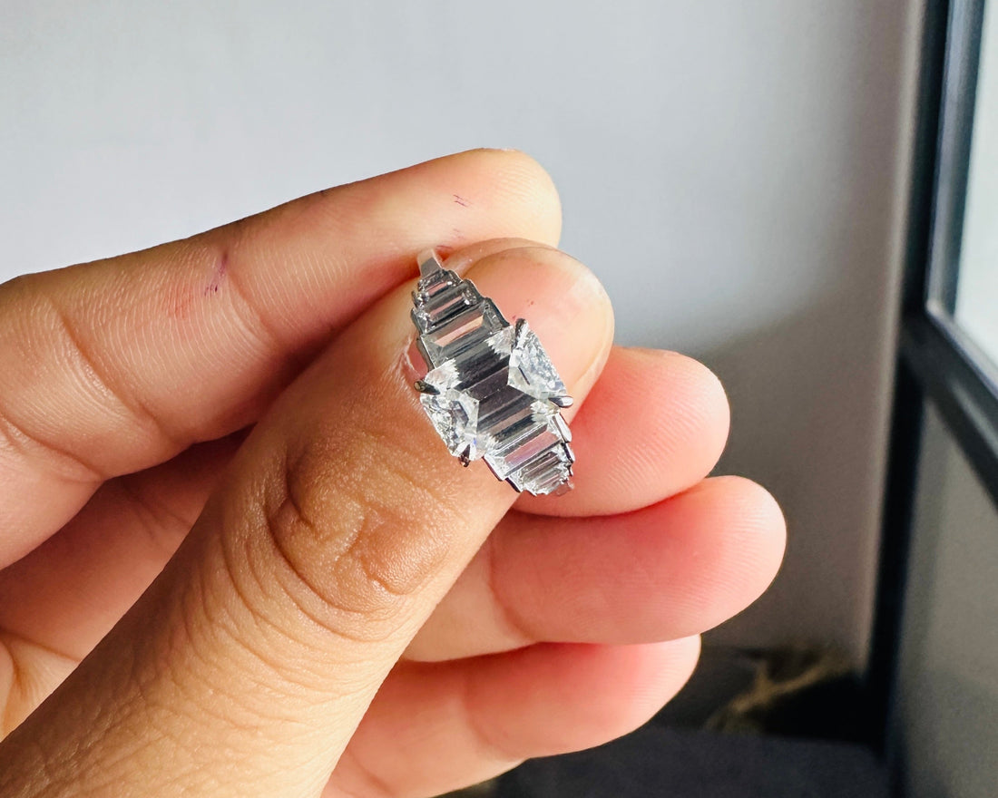 18K Gold Emerald Cut Moissanite Engagement Ring With Side Baguette Accents