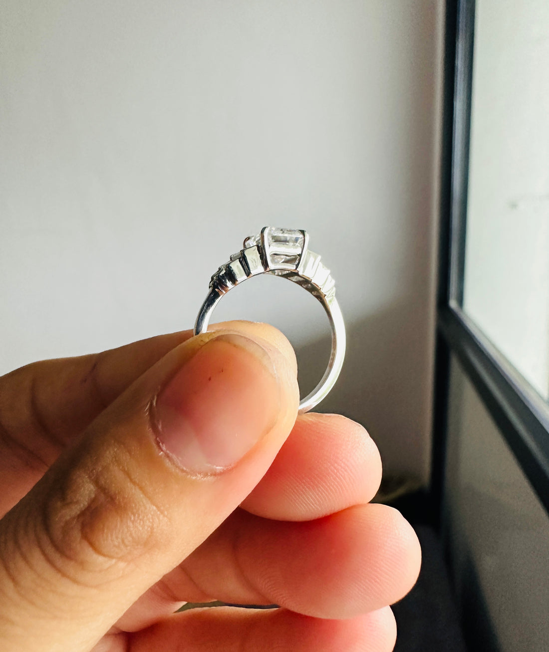 18K Gold Emerald Cut Moissanite Engagement Ring With Side Baguette Accents