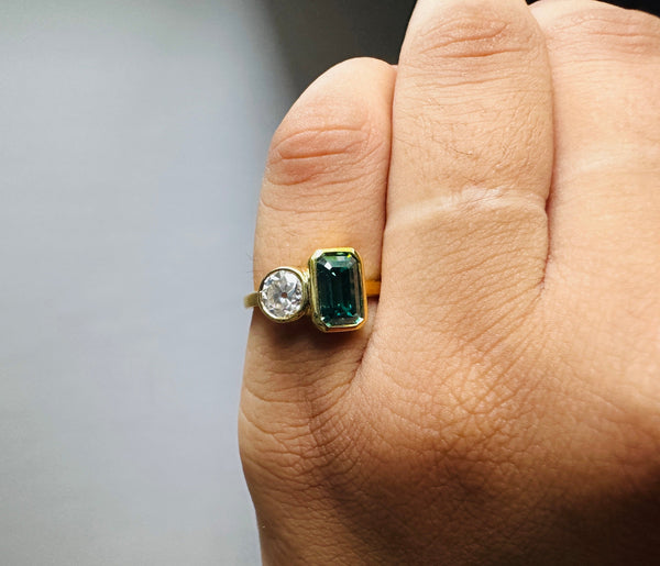Old European Cut With Emerald Toi Et Moi Ring CZ Diamond Engagement Ring