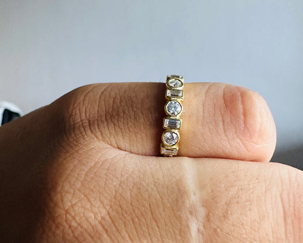 Bezel Set Round & Baguette Moissanite Alternative Wedding Band Dainty Eternity