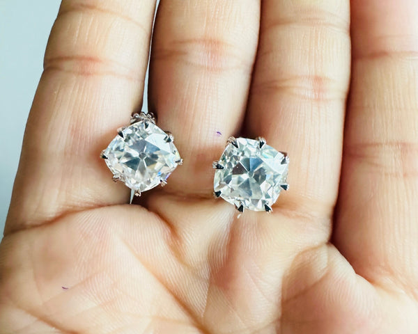 Old Mine Cushion Cut Moissanite Stud Earrings 18K White Gold Solitaire Studs