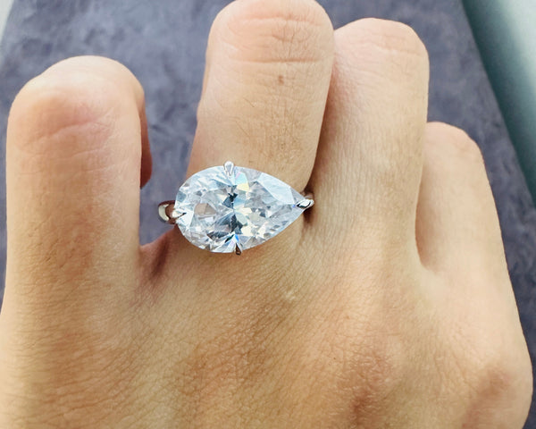 East West 3 Carat Pear Cut Moissanite Engagement Ring 18K Solid Gold Solitaire Wedding Ring