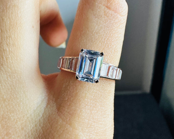 Blue Emerald Cut With Baguette Accents Cubic Zirconia Diamond Ring Her