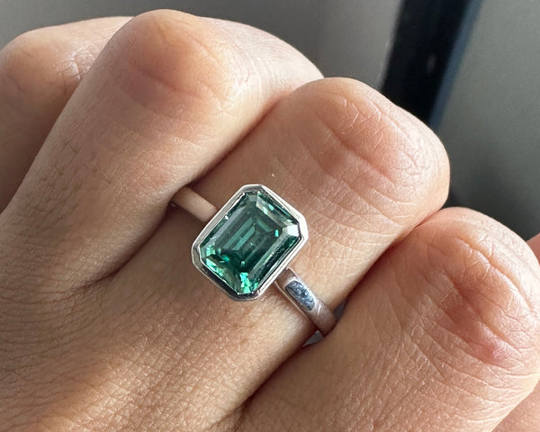 Bezel Set Emerald Cut Moissanite Engagement Ring 18K White Gold Solitaire Wedding Ring