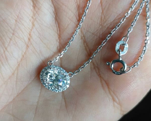 Halo Set Oval Cut Moissanite Pendant With Chain Beautiful Necklace For Bridal