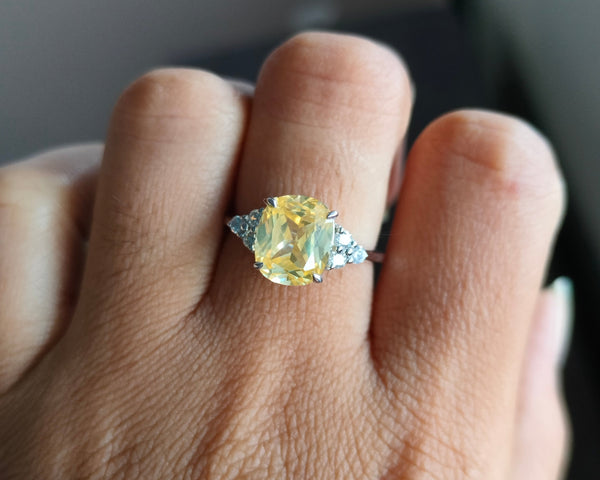 Canary Yellow Moissanite Ring Long Cushion Cut Engagement Art Deco Ring For Her