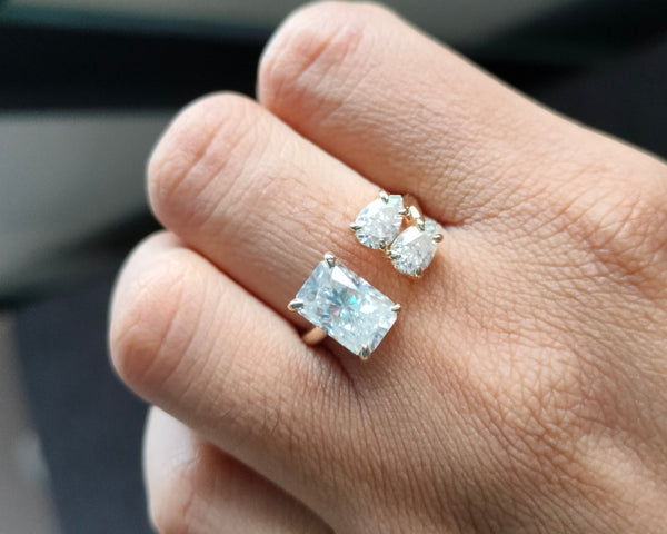Toi Et Moi Open Band Ring Double Pear Cut & Radiant Cut Moissanite Wedding Ring