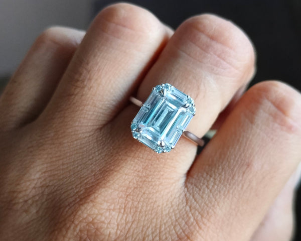 Colorless Emerald Cut Moissanite Engagement Ring Cluster Halo Wedding Ring