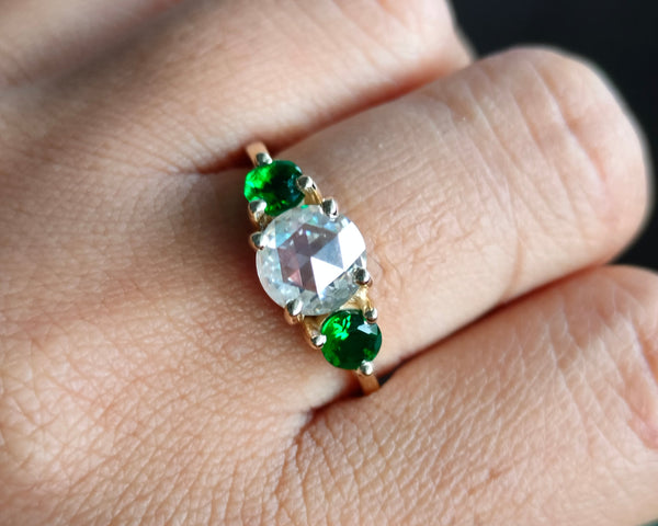 Rose Cut Engagement Ring Round Moissanite Three Stone Dainty Promise Ring