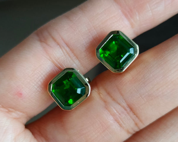 Green Asscher Cut CZ Diamond Earring 18K Gold Bezel Set Solitaire Studs For Her