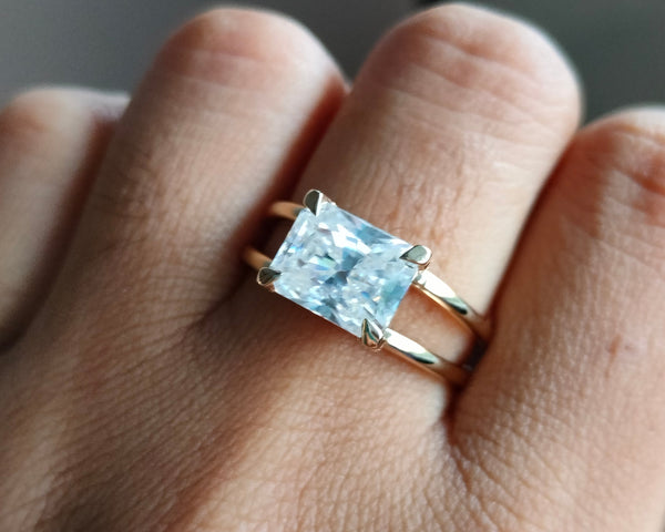East West Radiant Cut Solitaire Ring Moissanite Double Band Engagement Ring