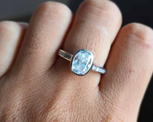 Elongated Cushion Cut Moissanite Ring Bezel Set Engagement Ring Side Baguette