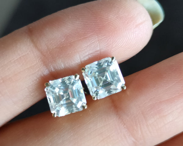 Colorless 7 MM Asscher Cut Moissanite Earring Beautiful Bridal Studs in Gold