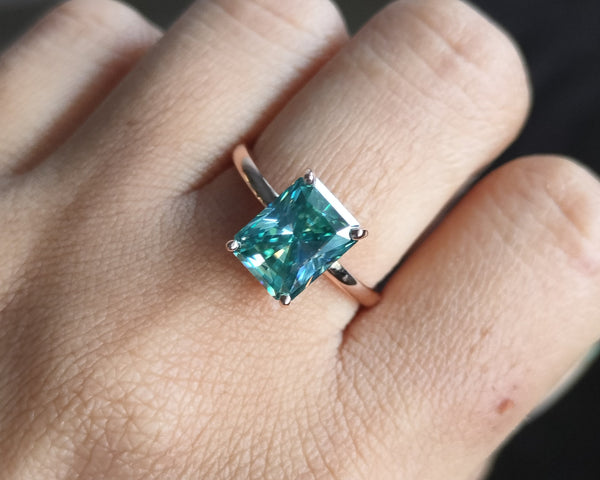 Blue Moissanite Engagement Ring Radiant Cut Solitaire Ring in 18K Solid Gold