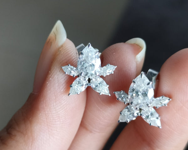 Pear Cut Moissanite Floral Stud Earrings White Gold Flowers Style Bridal Earring