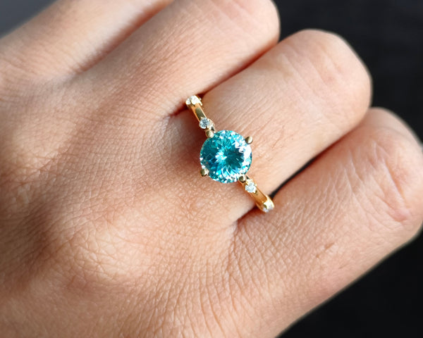 Portuguese Cut Beautiful Ring Greenish Blue Round Moissanite Engagement Ring