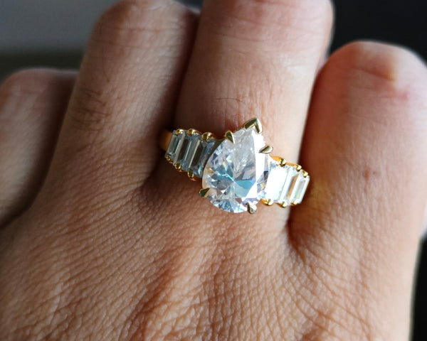 Pear Moissanite Engagement Ring Baguette Wedding Art Deco Wedding Ring