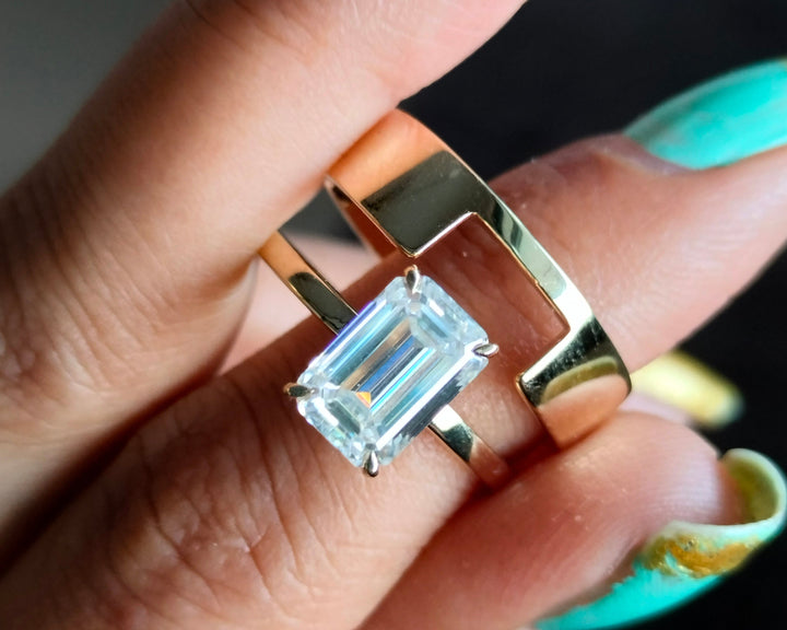 Emerald Cut Moissanite Bridal Ring Set Wide Band Wedding Ring Set in Gold