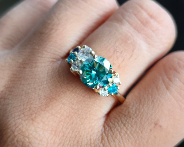 Blue Moissanite Engagement Ring Cluster Round Cut Wedding Promise Ring