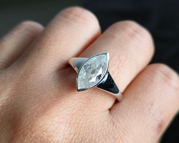 Old European Cut Marquise Moissanite Ring Solitaire Bezel Set Engagement Ring