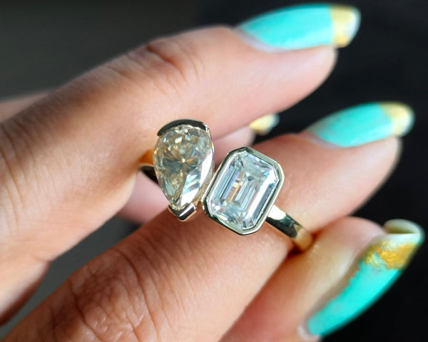 Emerald & Pear Brown Moissanite Wedding Ring Bezel Set Two Stone Ring