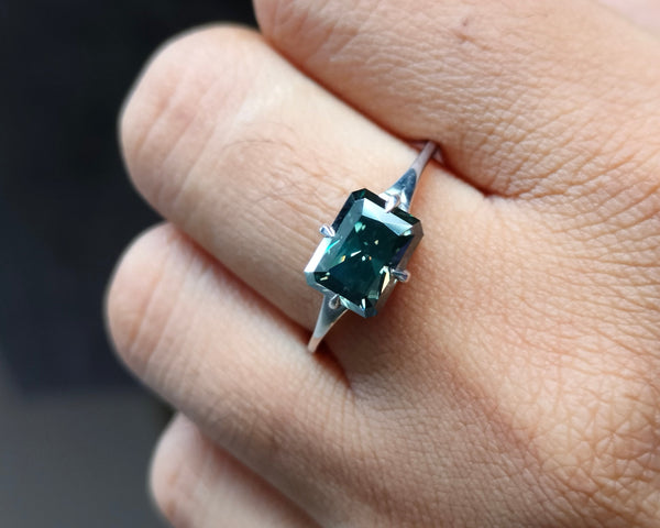 Dark Gary Moissanite Solitaire Ring East West Radiant Cut Engagement Ring