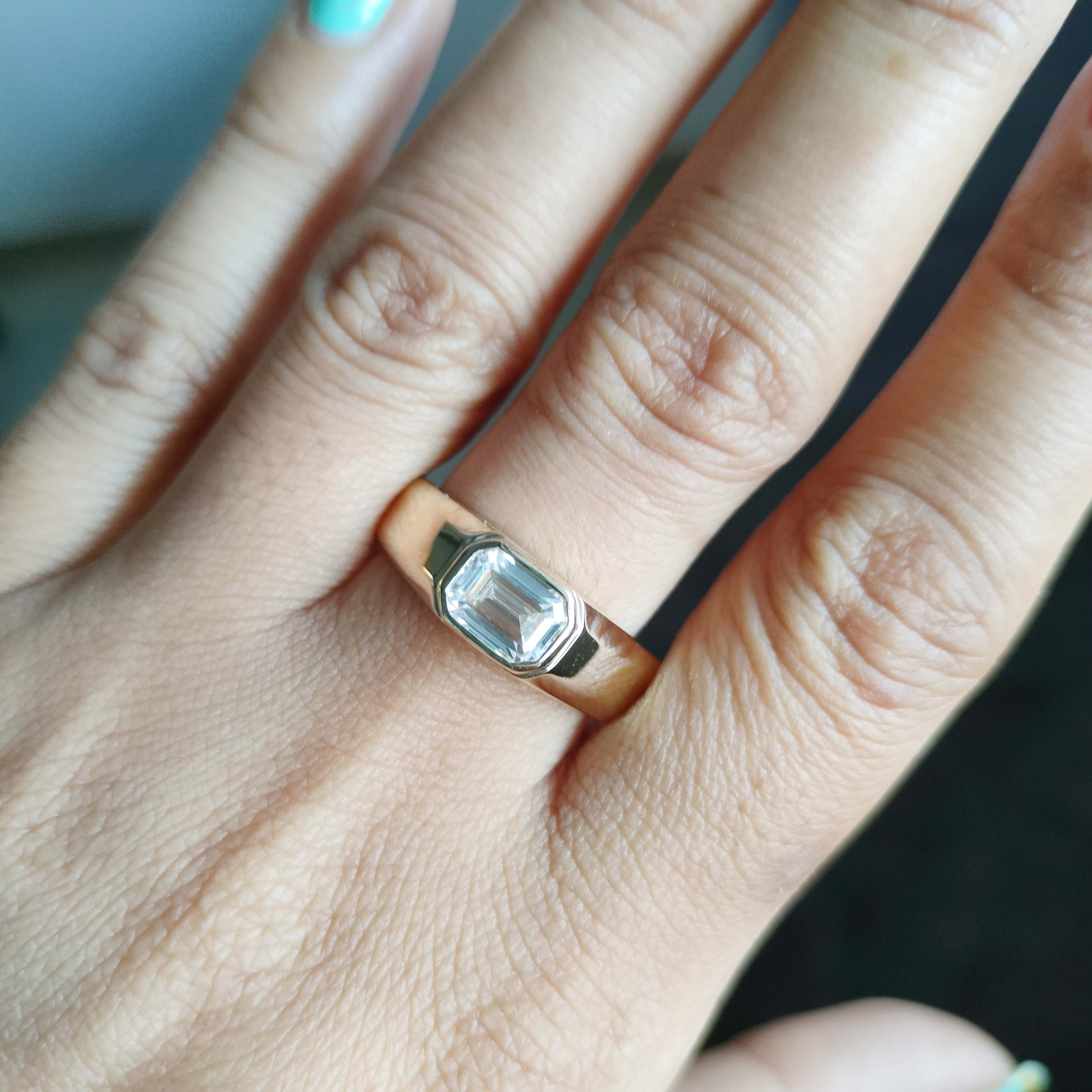 1 Carat East West Emerald Cut Moissanite Ring Classic Solitaire Engagement Ring