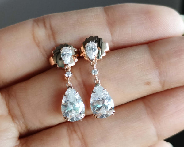 Dangle Drop 18K Solid Gold Earrings Pear Cut Moissanite Diamond Anniversary Gift