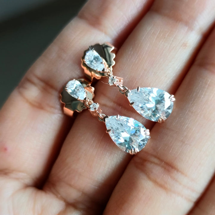 Dangle Drop 18K Solid Gold Earrings Pear Cut Moissanite Diamond Anniversary Gift