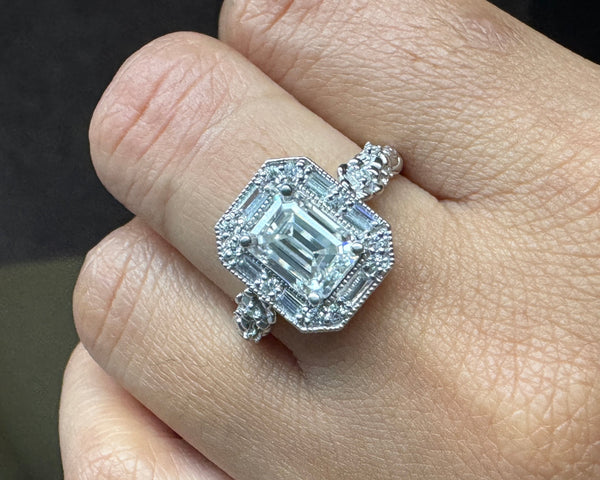 Emerald Cut Moissanite Halo Baguette Vintage Ring Art Deco Engagement Ring