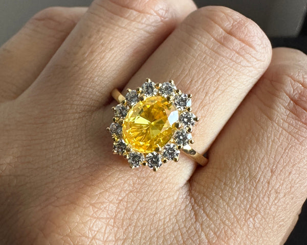 Fancy Yellow Diamond Halo Wedding Ring CZ Oval Engagement Ring Anniversary Gift For Women
