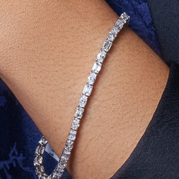 East West Colorless Emerald And Oval Cut Moissanite White Gold Tennis Bracelet