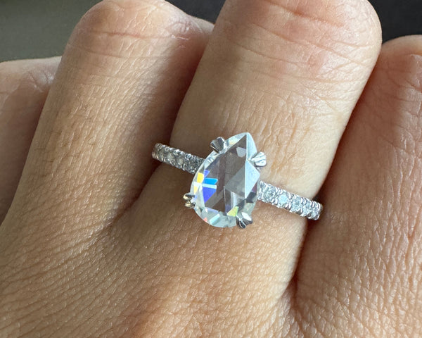 Rose Cut Moissanite Engagement Ring 18K Solid Gold Pear Shape Ring Her