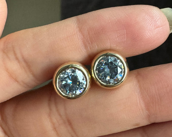Gray Round Cut Moissanite Earrings Bezel Set Solitaire Handcrafted Studs For Her