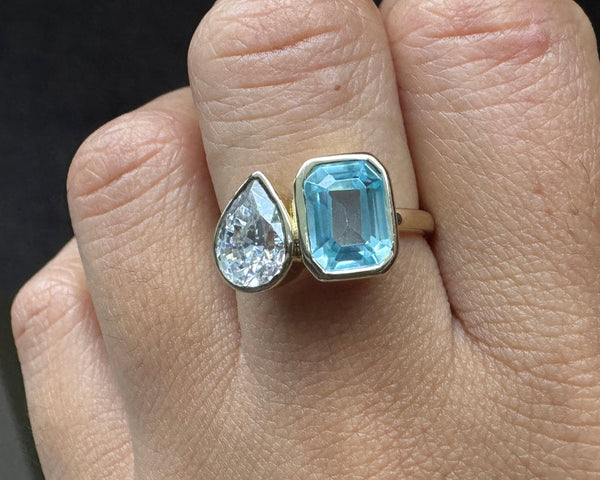 Aqua Blue Emerald & Pear Cut CZ Diamond Ring Toi Et Moi Engagement Ring