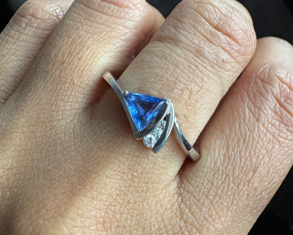 Blue Triangle CZ Diamond Engagement Ring Unique Wedding Promise Ring