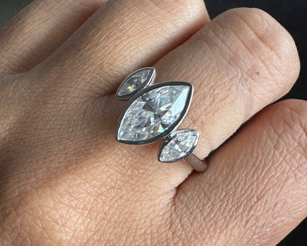 Bezel Set Marquise Three Stone Ring Colorless Moissanite Engagement Ring