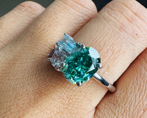 Green Oval Cut Moissanite Cluster Engagement Ring Multi Stone Promise Ring
