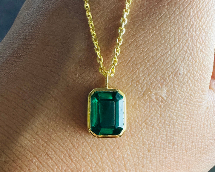 Dark Green Emerald Cut Solitaire Pendant With Chain Bezel Set CZ Diamond Necklace