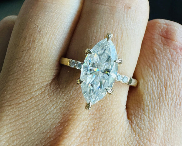 Marquise Cut Real Moissanite Solitaire With Accents Engagement Ring in Solid Gold