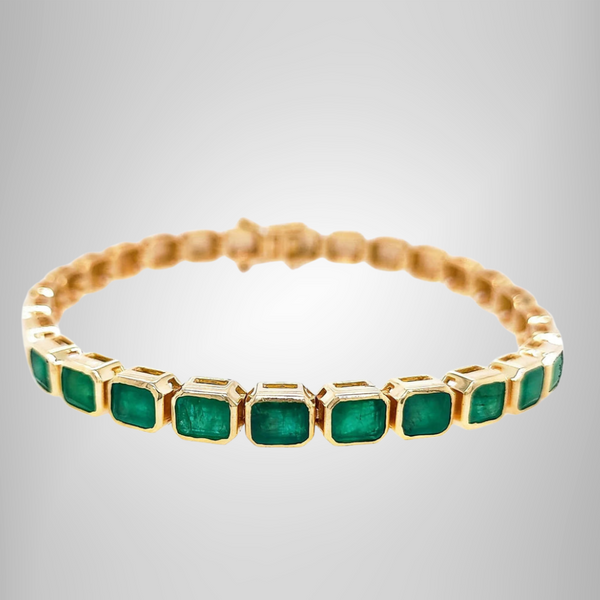 Bezel Set Dark Green Emerald Bracelet Yellow Gold Plated Women's Tennis Bracelet