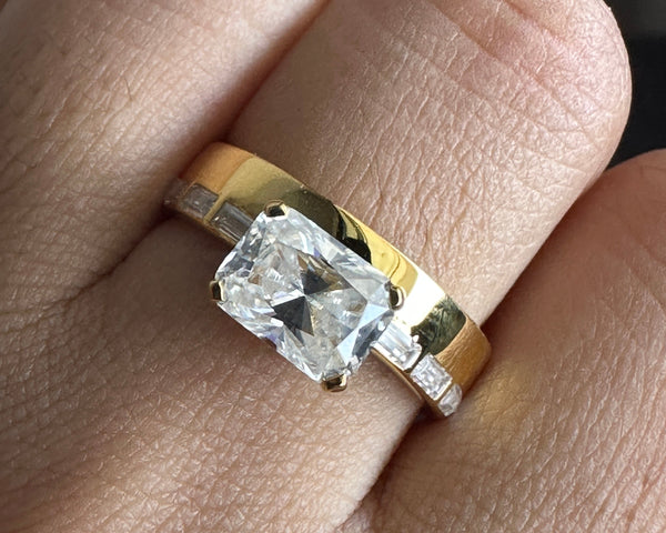 East West Radiant Cut Moissanite Thick Band 14K Yellow Gold Wedding Band For Her