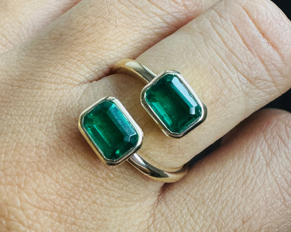 Toi Et Moi Green Emerald Engagement Ring Bezel Set Two Stone Bypass Ring