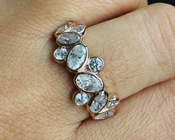 Half Eternity Oval Cut Moissanite Band Bezel Set Cluster Wedding Band in Gold