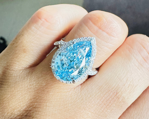 Halo Set Pear Cyan Blue Moissanite Engagement Ring Crossover Big Wedding Ring